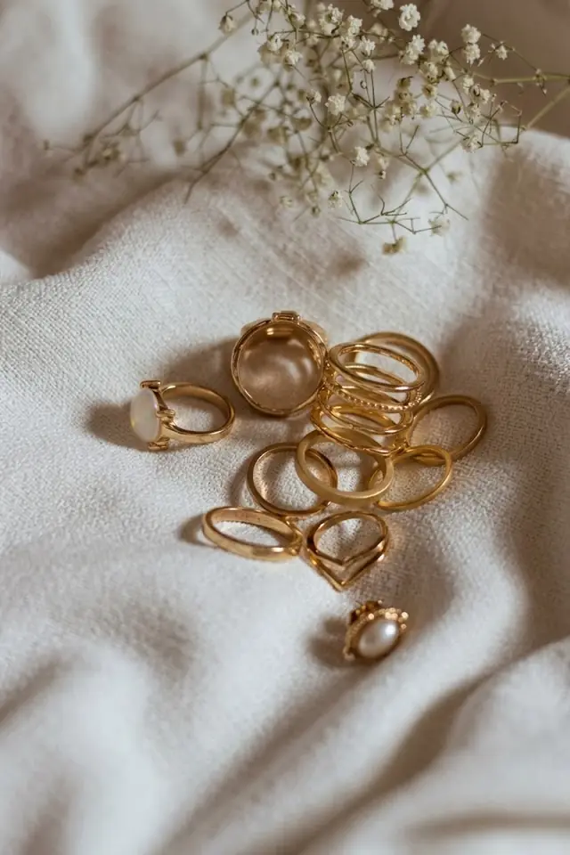 Goldringe mit Perle und Mondstein auf hellem Leinen – Schmuck bei Michel Golo in Nordhorn
